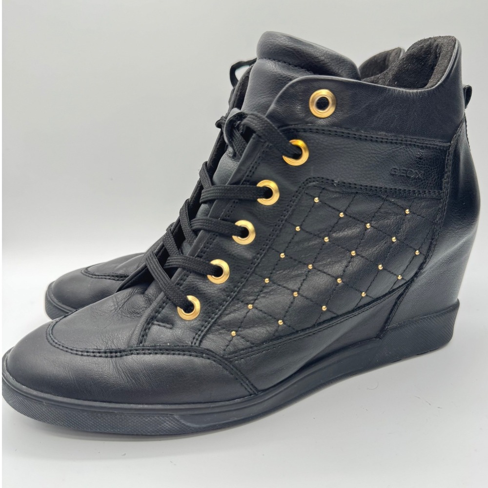 Geox Wedge Sneakers Womens 9 Black Excellent Quilted Studded Leather High Top